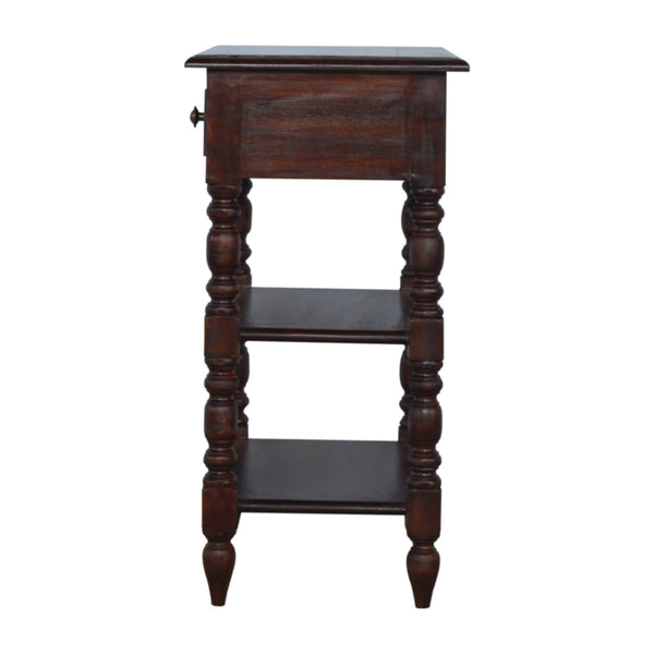 English Elm Solid Wood Turned Occasional Table with 1 Drawer & 2 Shelves, Chestnut Mango Wood, Turned Legs, Brass Knob - Stylish Narrow Hallway Storage (30.31"H) B182P233640
