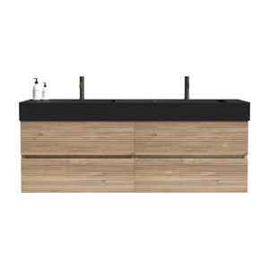 English Elm Grace 60" Bathroom Vanity Wall-Mounted Floating Mid-Century Modern Walnut Grille, Quiet Soft-Close Drawers and One-Piece White Basin (ECO) Black+Brown W1865S00168