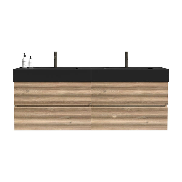 English Elm Grace 60" Bathroom Vanity Wall-Mounted Floating Mid-Century Modern Walnut Grille, Quiet Soft-Close Drawers and One-Piece White Basin (ECO) Black+Brown W1865S00168