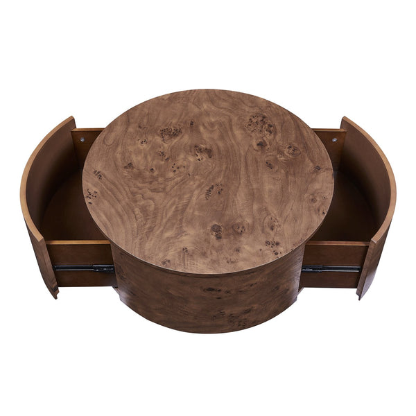 English Elm Burl Veneer Round Coffee Table Swivel Top Two Drawers Walnut Living Room N735P387206D