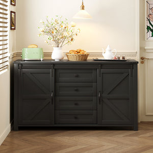 English Elm U-style Farmhouse Sideboard Barn Door Buffet with Drawers Built-in Outlet Dining Black N711P347377B