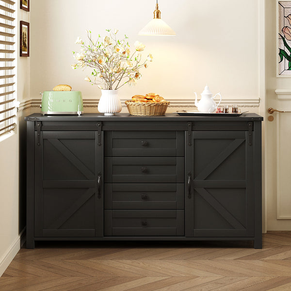 English Elm U-style Farmhouse Sideboard Barn Door Buffet with Drawers Built-in Outlet Dining Black N711P347377B