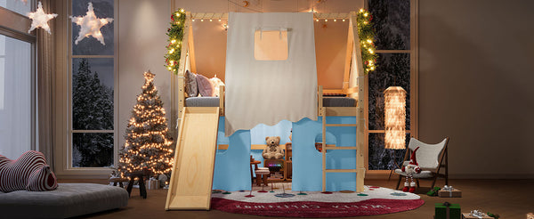 English Elm Full Size Pine Loft Bed with Slide Tent Panels Led Lights and Play Space Below W1580S00292