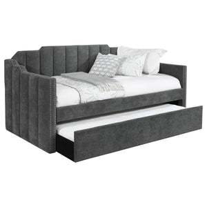 English Elm Pressley Charcoal Upholstered Twin Daybed with Trundle — Modern Channel-Tufted Wood Frame, Cozy Guest Seating for Small Spaces B062S01011