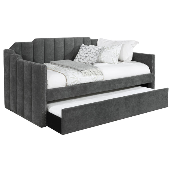 English Elm Pressley Charcoal Upholstered Twin Daybed with Trundle — Modern Channel-Tufted Wood Frame, Cozy Guest Seating for Small Spaces B062S01011