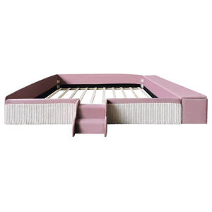 English Elm King Velvet Kids Platform Bed with Padded Guardrails Staircase and Storage Ottoman Pink+White SF000204AAH
