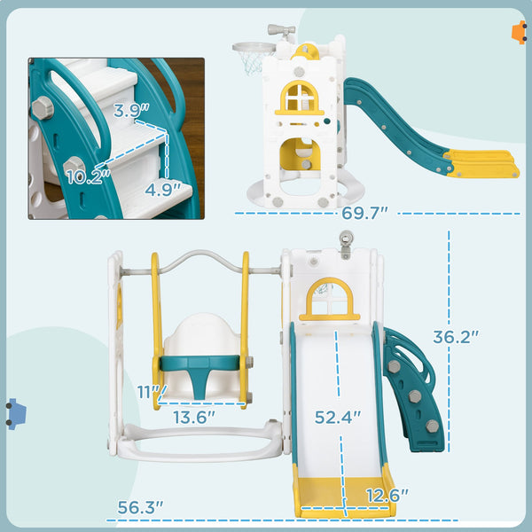 English Elm Qaba 6 in 1 Toddler Playset with Slide Swing Climber Basketball Hoop Telescope W2225P217349
