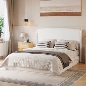 English Elm Upholstered Queen Platform Bed Curved Wingback Linen Headboard Modern Bedroom Frame Beige N733S439498A