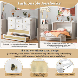 English Elm Full Size Murphy Wall Bed Cabinet with Rattan Panel Detailing and Storage Drawers White N708P336203K
