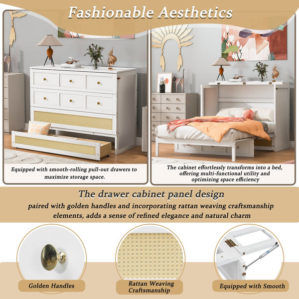 English Elm Full Size Murphy Wall Bed Cabinet with Rattan Panel Detailing and Storage Drawers White N708P336203K