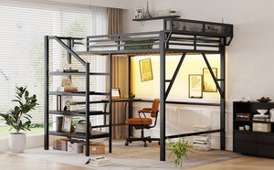 English Elm Queen Metal Loft Bed with Staircase Storage Foldable Desk and Built-in Charging W2580S00073
