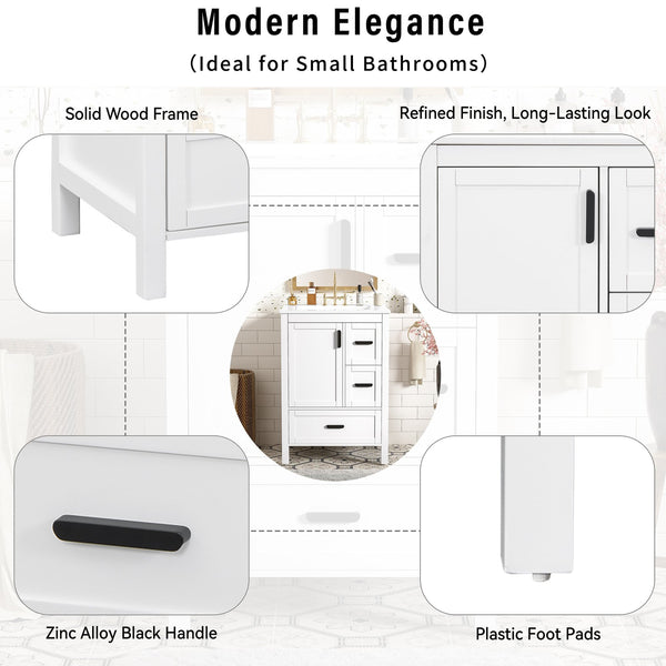 English Elm Modern 24 Inch Bathroom Vanity Solid Wood Cabinet with Ceramic Sink and Soft Close Storage White N729P292859K