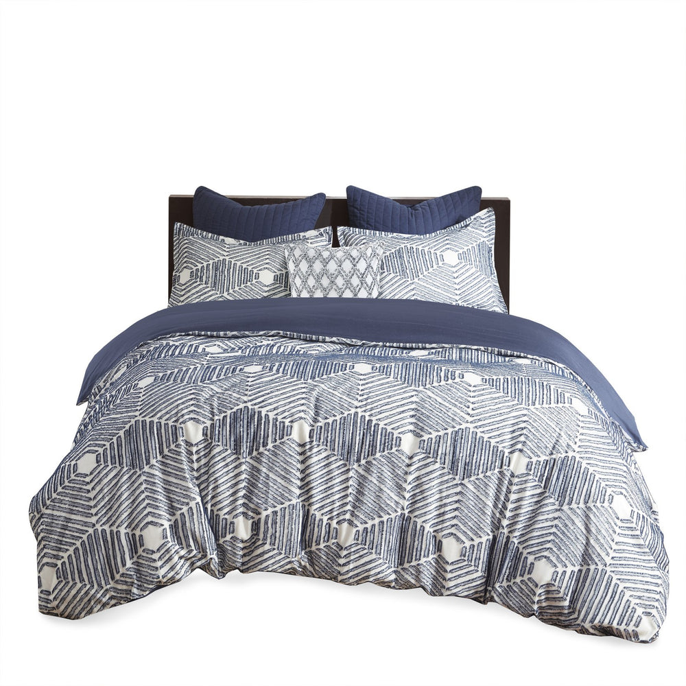 English Elm Full/Queen Ellipse Cotton Jacquard Duvet Cover Set Navy Geometric Clipped Texture with Shams, OEKO-TEX Certified, Reversible, Machine Washable B035129131