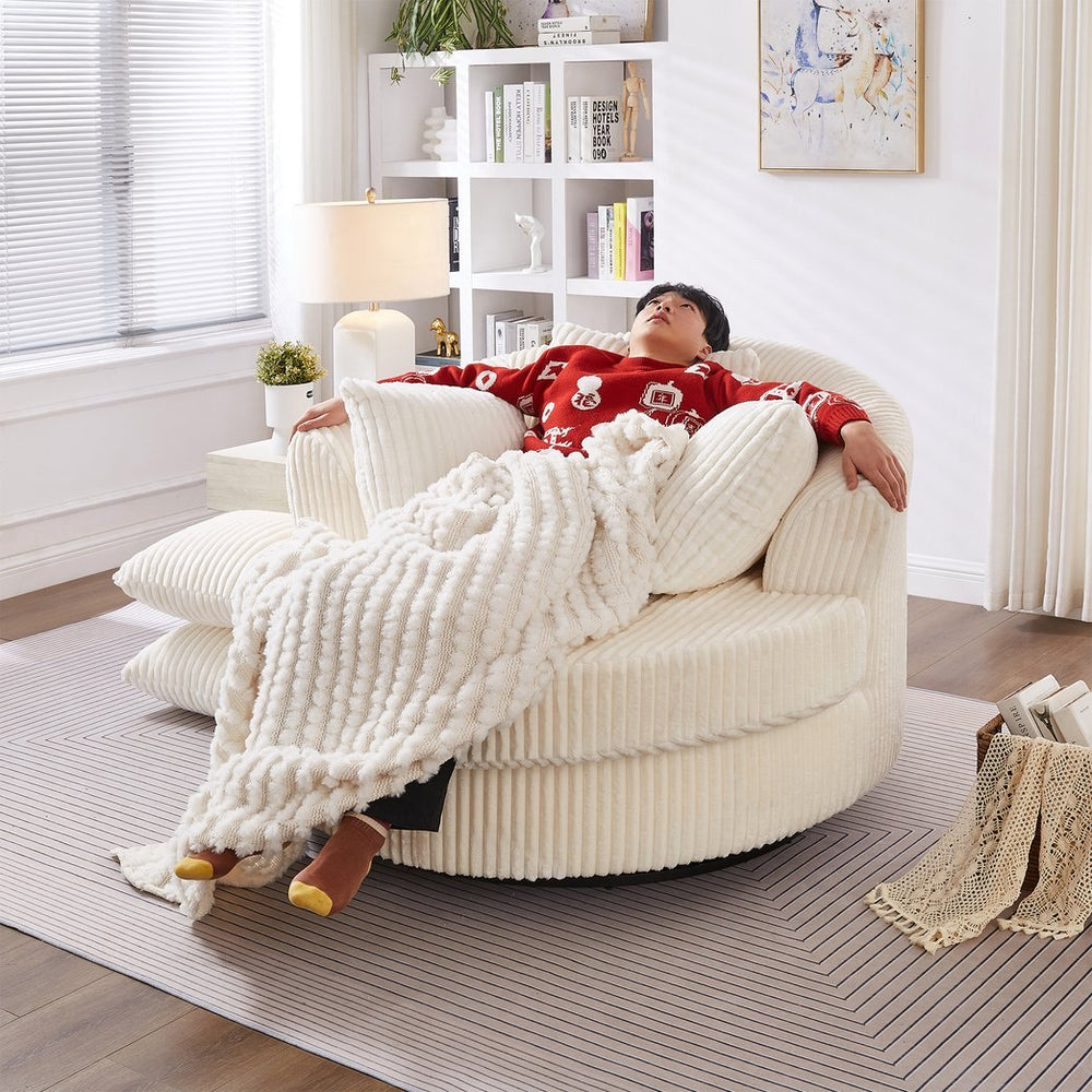 English Elm 360° 360 Swivel Round Lounge Chair Corduroy Upholstered Sculptural Seat with Removable Pillows Beige W3705S00037