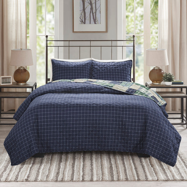 English Elm 3 Madison Park Timber Reversible Quilt Set Full/Queen – Green Navy Patchwork Lodge Style, Soft Cotton-Rich Fill, Machine Washable B03597591