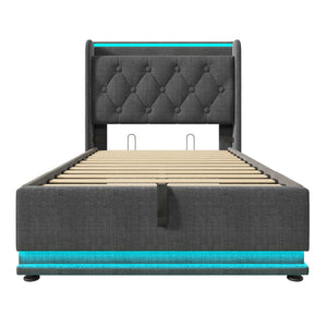 English Elm Twin Upholstered Bed with Hydraulic Storage, Surround LED, App/Remote Control & USB Type-C Charging Gray N736P188805G