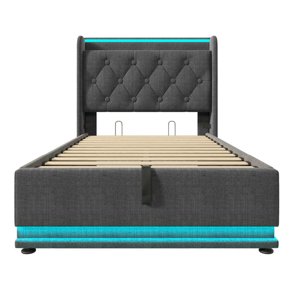 English Elm Twin Upholstered Bed with Hydraulic Storage, Surround LED, App/Remote Control & USB Type-C Charging Gray N736P188805G