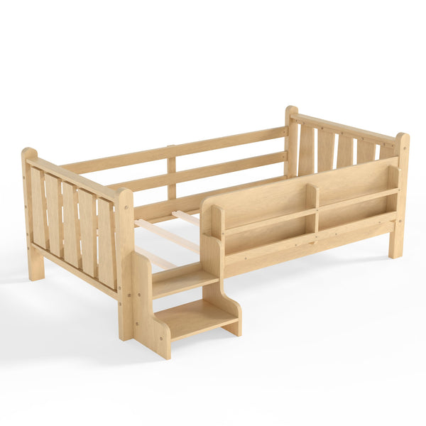 English Elm Twin Pine Floor Bed with Guardrails Built-in Bookcases and Stair Steps for Kids W1580P430184