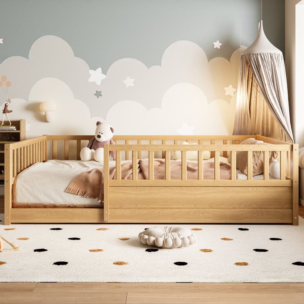English Elm Twin Montessori Floor Bed Solid Pine Frame with Safety Fence Door for Kids Play Space Natural W1858P382402