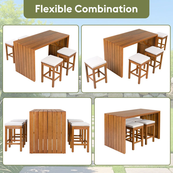 English Elm 5 Piece Acacia Wood Outdoor Bar Set with Four Cushioned Stools for Patio Dining N704G201252K
