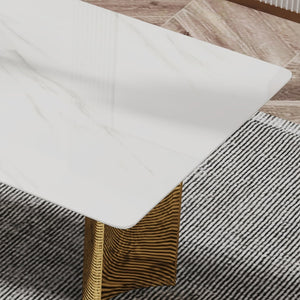 English Elm Table With Glass Top & 6 Elegant Chairs - Modern Marble Pattern, Gold Legs, Comfortable Pu Seats W1151S04347-GIGA