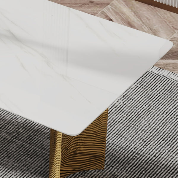 English Elm Table With Glass Top & 6 Elegant Chairs - Modern Marble Pattern, Gold Legs, Comfortable Pu Seats W1151S04347-GIGA