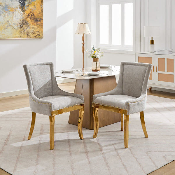 English Elm Chenille Modern Dining Chair with Curved Gold-Plated Legs, Rivet Trim, Textured Upholstery Comfort Beige W1143P332684