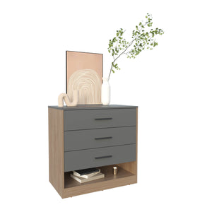 English Elm Dresser, Matte Gray 3-Drawer Chest with Open Shelf, Compact Engineered Wood, Modern Oak Accents B097P296804