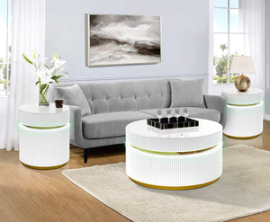 English Elm Tivoli Round Glass Top Coffee Table Set with Led Lighting and Gold Reeded Base B2749S00156
