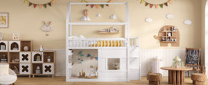 English Elm Full Size Solid Wood House Bed with Led Shelf Lighting for Kids Bedroom White N7500005026K
