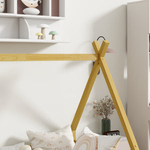 English Elm Twin Tent-Shaped Floor Bed With Guardrails – Cozy Teepee Design For Safe, Imaginative Sleep Space W504P345777-GIGA