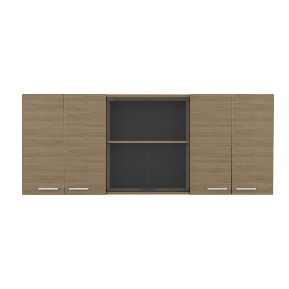 English Elm Superior Modern 150 Wall Cabinet Oak with Glass Doors, 4 Shelves, Dish Rack, Metal Handles, Locking Pin B200P286978
