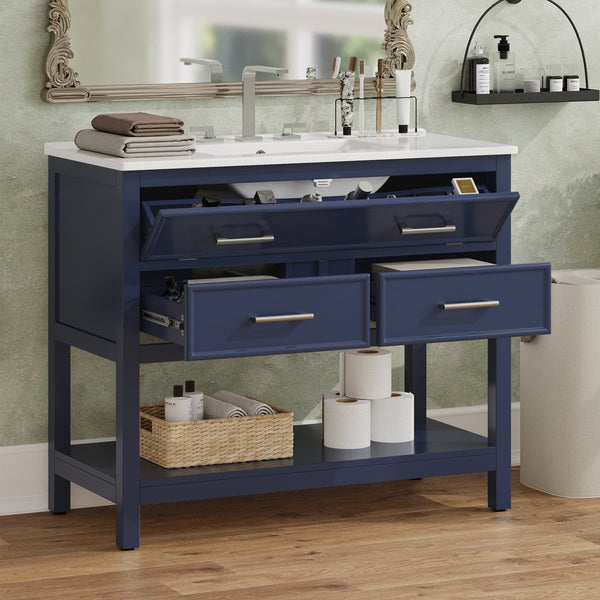 English Elm Christopher Knight Home® - 36" Modern Bathroom Vanity with Ceramic Sink, Tip-Out Tray, Soft-Close Drawers, Open Shelf, Waterproof Surface Blue N817P288908B
