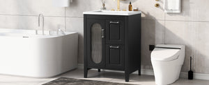 English Elm 24" Modern Bathroom Vanity with Ceramic Sink, Solid Wood & MDF Cabinet, Two Drawers, Shelf Black N725P245273B