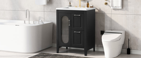 English Elm 24" Modern Bathroom Vanity with Ceramic Sink, Solid Wood & MDF Cabinet, Two Drawers, Shelf Black N725P245273B