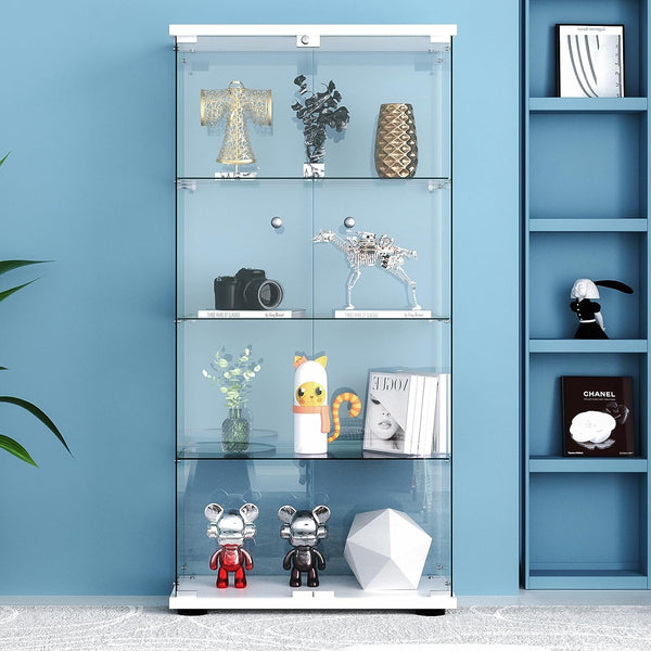 English Elm Glass Display Cabinet Four Shelf Lockable Tempered Doors with Led Lights White Finish W1192P354029