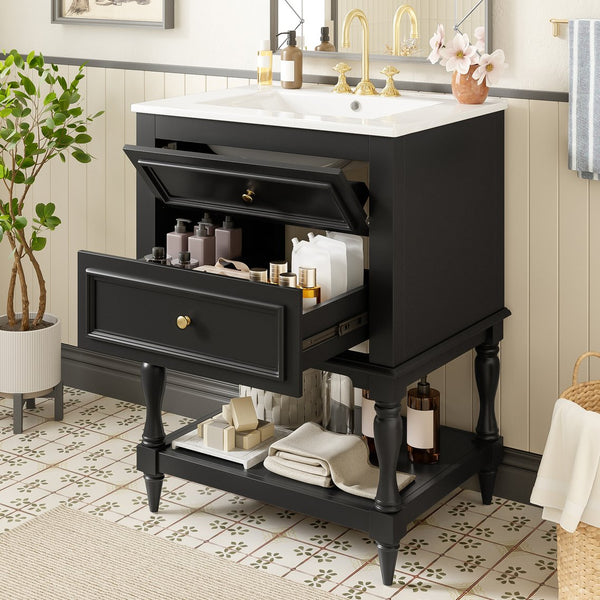 English Elm 24'' Retro Bathroom Vanity Mdf Cabinet with Ceramic Sink Open Shelf and 2 Drawers Black N710P405414B