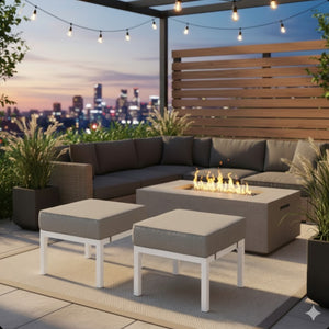 English Elm Set of 2 Powder-coated Aluminum Outdoor Ottomans with Uv-resistant Cushions White B082P454987