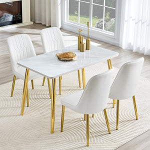 English Elm Table and Chair Set Marble Glass Top Gold Legs Pu Leather Seats Modern Dining White+Gold W1151S04635