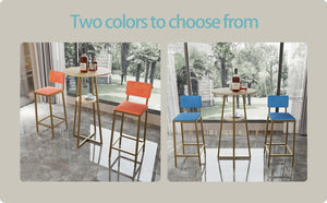 English Elm Bar Table and Chair Set Gold Frame Blue Velvet Cushions with Built-in Storage Shelf W3064P245389