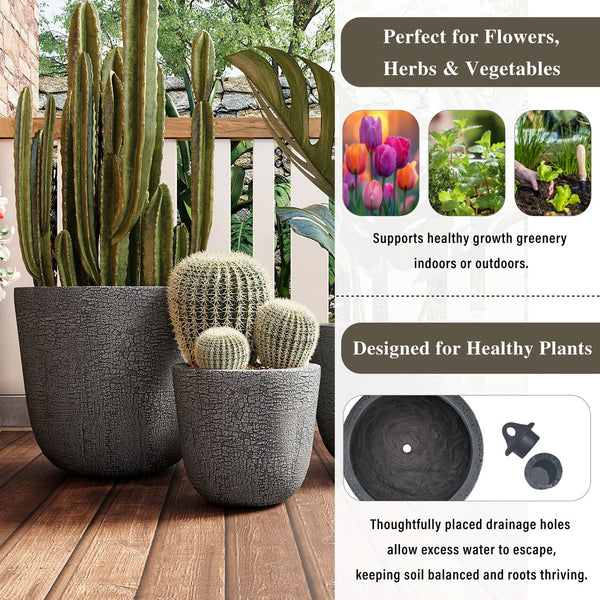English Elm U_style Mgo Round Planters Set of Three Crackle Stone Texture Patio Garden Pots Gray N711P406660E