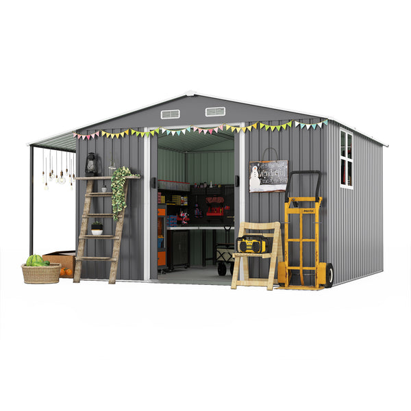 English Elm 10x12 Ft Galvanized Steel Outdoor Shed Dual Zone Lockable Sliding Doors Backyard Storage Dark Gray W1598S00034