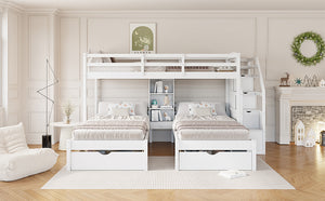 English Elm Twin Triple Bunk Bed White Pine Frame with Staircase Storage Drawers and Built Shelves GX000324AAK-1