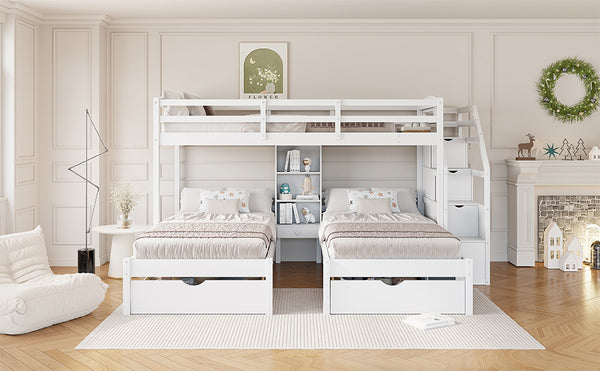 English Elm Twin Triple Bunk Bed White Pine Frame with Staircase Storage Drawers and Built Shelves GX000324AAK-1