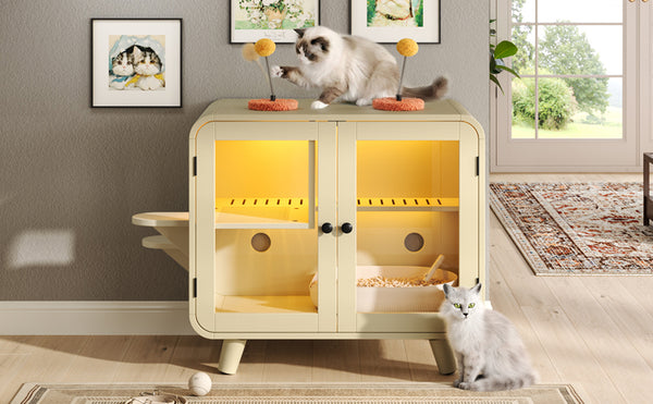 English Elm Cat Litter Box Enclosure Mdf Cabinet with Rgb Lighting Glass Doors and Play Loft Beige N704P419240A
