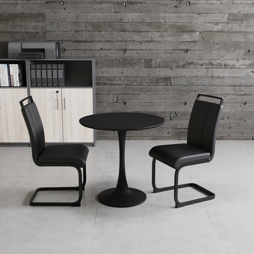 English Elm 31.5 Inch Round Tulip Pedestal Dining Set Matte Black Mdf Table with Two Pu Chairs W2189S00837