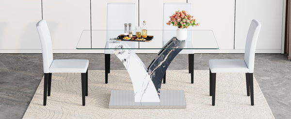 English Elm Table Set: Modern Dining Table With Glass Top & Artistic Legs Paired With 4 Comfortable Pu Chairs W1151S03810-GIGA