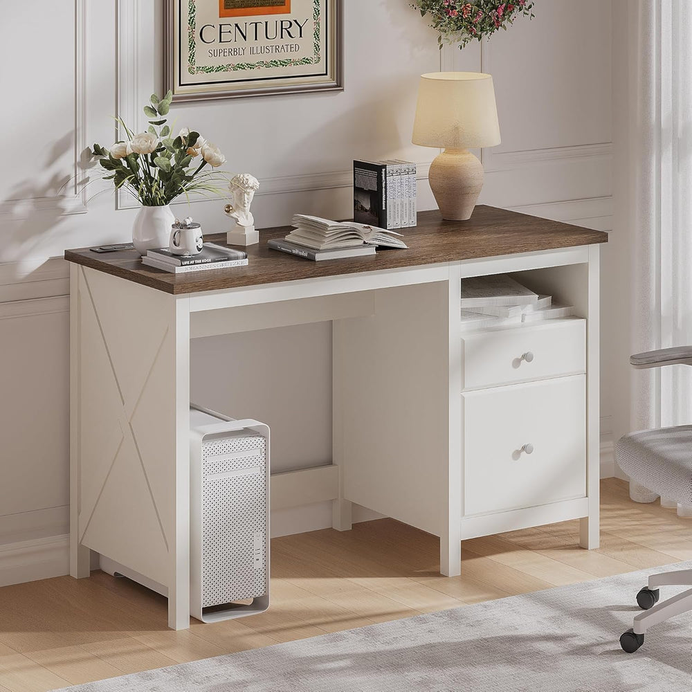 English Elm 47" Farmhouse Wood Writing Desk with Charging Station, 2 Drawers, Open Shelf & Ergonomic Workspace for Home Office and Vanity Beige+Brown T3771P351922