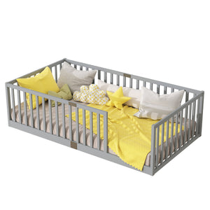 English Elm Twin Floor Bed Solid Rubber Wood with Tall Safety Railings for Toddler Sleep Grey W504P287642