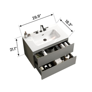 English Elm Tia 30" Modern Floating Bathroom Vanity In Space Grey With Ceramic Sink & Large Storage Solutions W1865S00066-GIGA